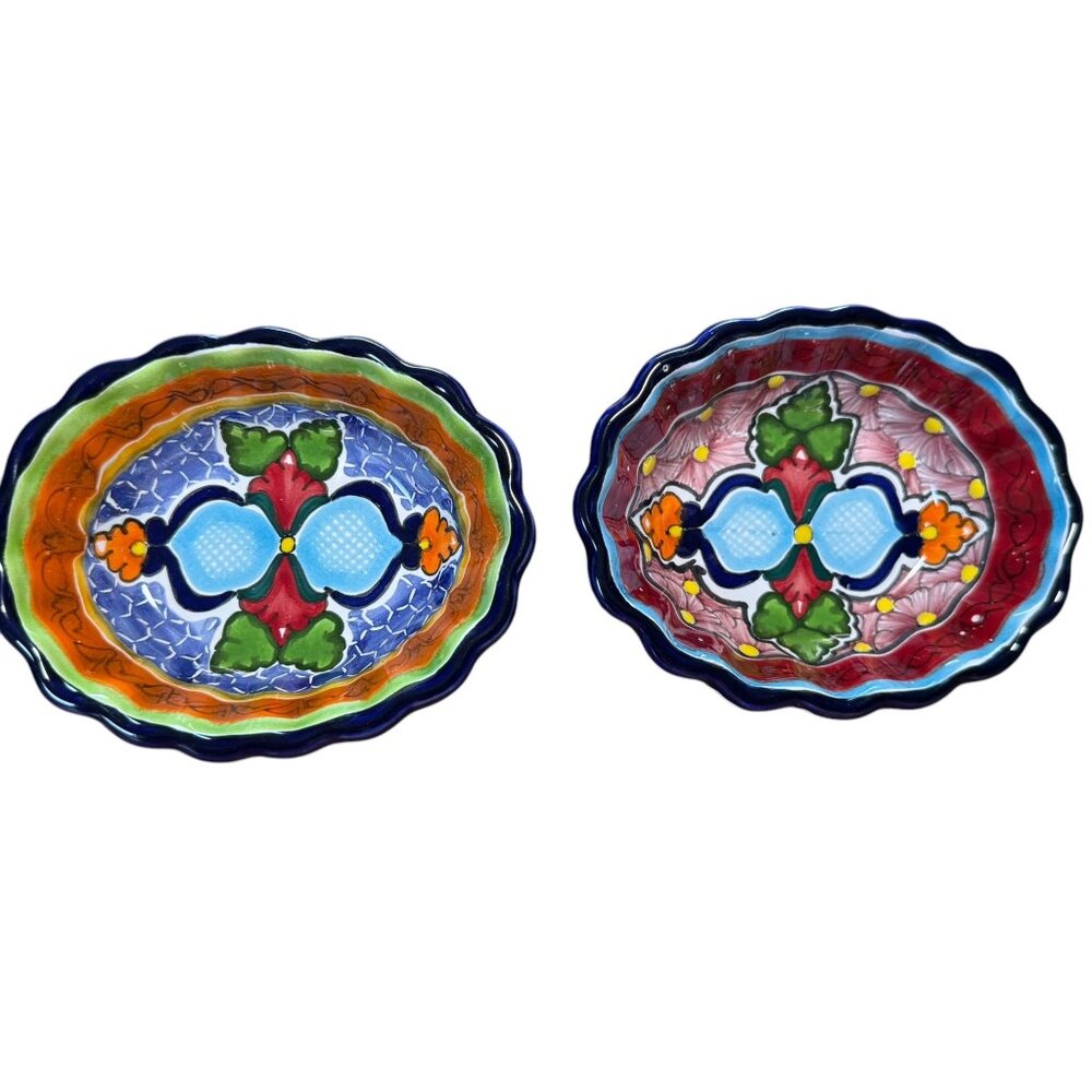 Hand-Painted Mexican Talavera Oval Dish Set Of 2 - Blue & Red Floral Design 5.5"